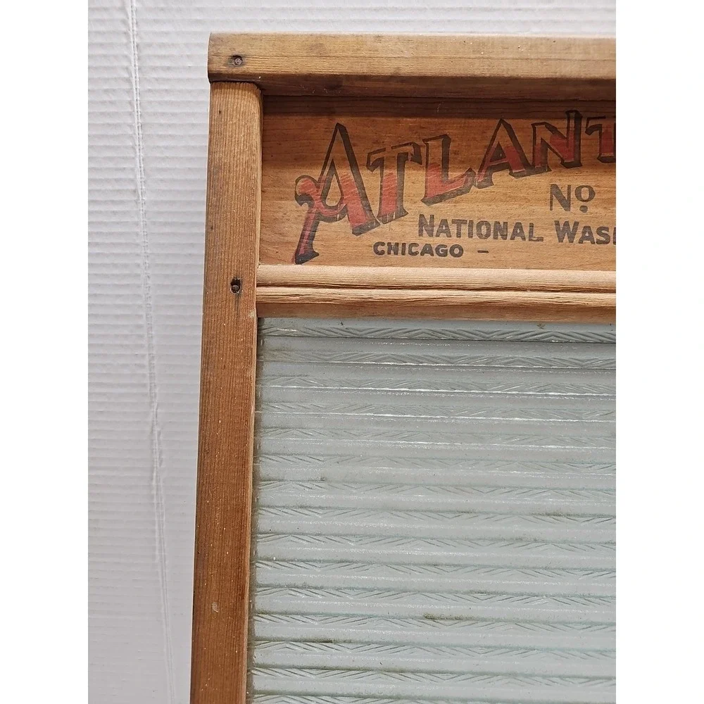 Vintage Atlantic National Washboard Co No 510 Glass & Wood Primitive Laundry Dec